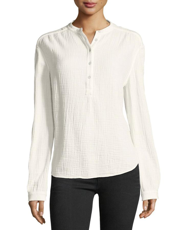 Prairie Button-placket Long-sleeve Crinkled Cotton Top