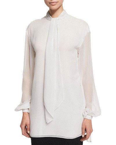 Dot-print Tie-neck Blouse, Frost/caviar
