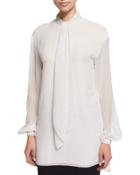 Dot-print Tie-neck Blouse, Frost/caviar