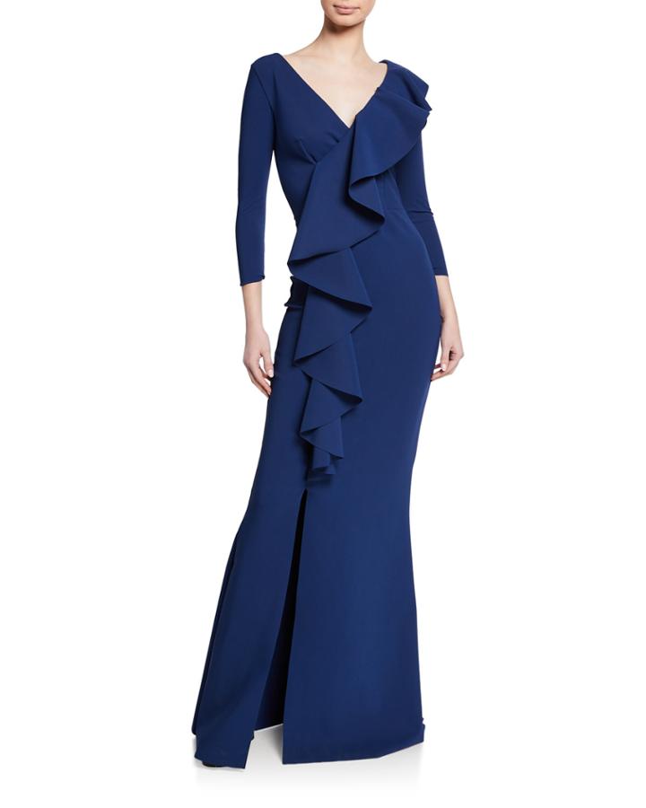 Janka V-neck 3/4-sleeve Asymmetric Ruffle Mermaid Gown W/