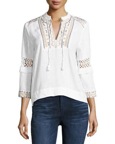 Split-neck Embroidered Blouse, White