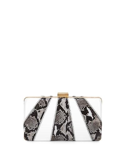 Jen Snake-embossed Evening Clutch Bag, Natural/white