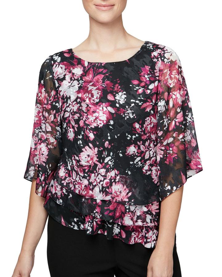 Floral 3/4-sleeve Burnout Asymmetric Hem Blouse