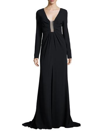 Long-sleeve Sheer-inset Gown, Black