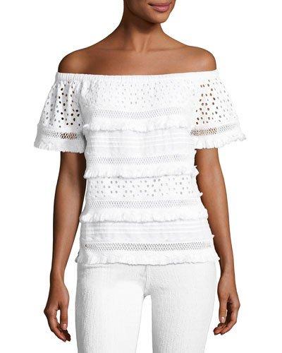 Off-the-shoulder Eyelet Crop Top, White