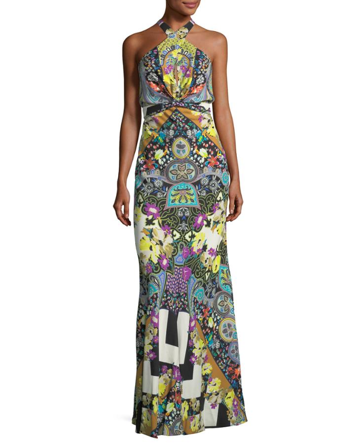 Tie-waist Paisley Halter Gown