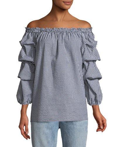 Off-the-shoulder Ruffle-sleeve Seersucker Gingham Blouse