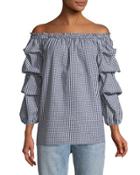 Off-the-shoulder Ruffle-sleeve Seersucker Gingham Blouse