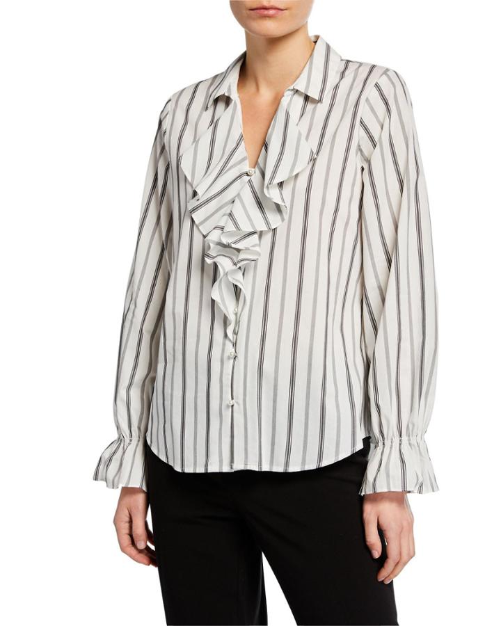 Stripe Ruffle Bell-sleeve Blouse W/ Pearlescent