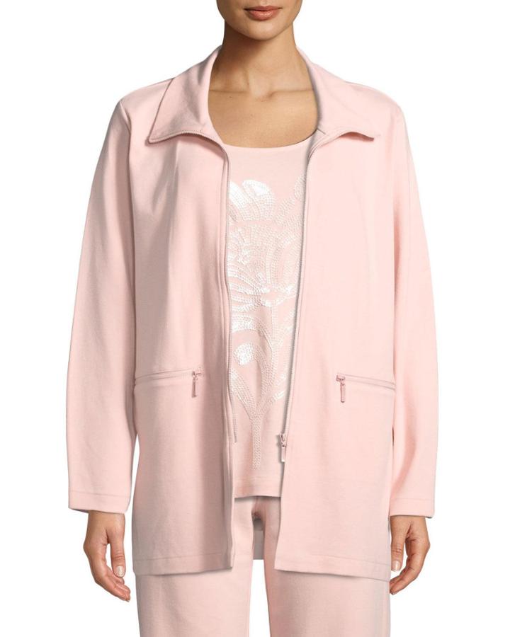 Petite Mock-neck Long-sleeve Zip-front Stretch Interlock Jacket W/ Zip Pockets