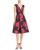 V-neck Sleeveless Floral-embroidered Fit-and-flare Cocktail Dress