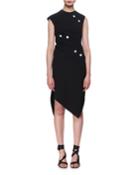 Asymmetric Button-tack Sheath Dress, Black