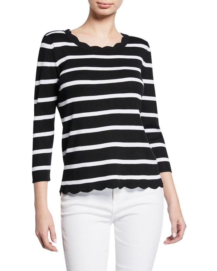 Striped 3/4-sleeve Scallop Detail Top