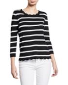 Striped 3/4-sleeve Scallop Detail Top