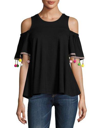 Cold-shoulder Pompom-trim Swing Top, Black
