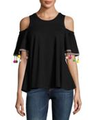 Cold-shoulder Pompom-trim Swing Top, Black