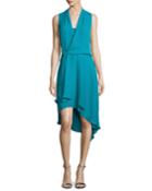 Sleeveless Faux-wrap High-low Dress, Teal Ocean