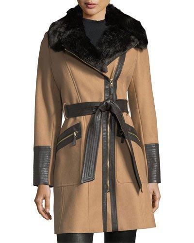 Asymmetric Zip-front Coat W/ Faux Fur Collar