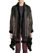 Paisley Wool Wrap W/fur Trim And Pompoms