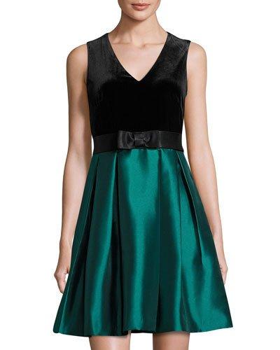 Velvet Shantung Party Dress, Black/green