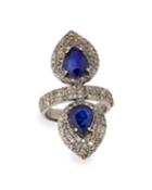 Silver Double-pear Ring With Blue Sapphire & Diamonds,