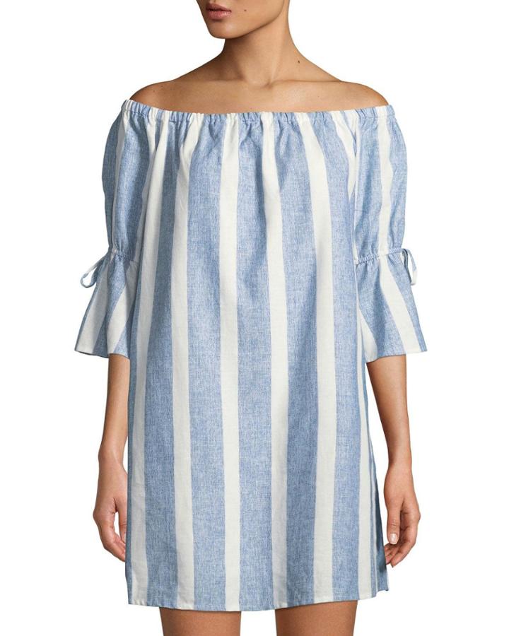 Off-the-shoulder Striped Flare-sleeve Dress