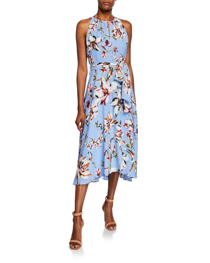 Halter Tie-waist Floral Chiffon Dress