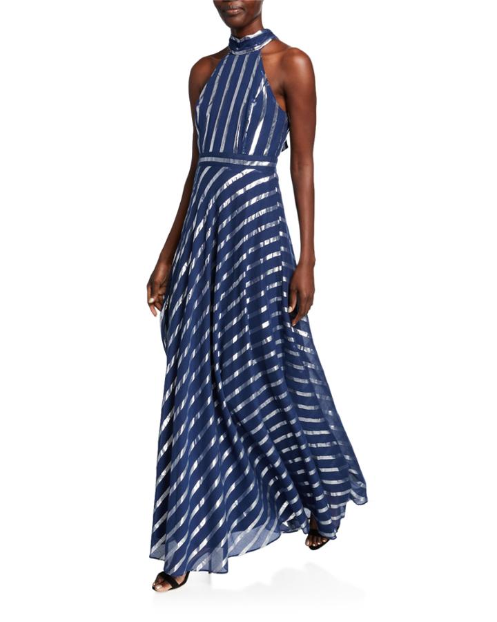 Metallic Striped Bow-back Gown