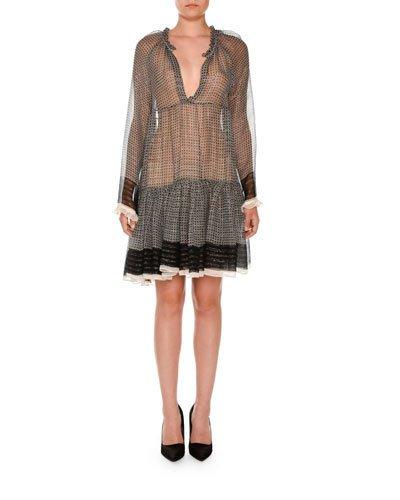 Long-sleeve Boho Peasant Dress, Black