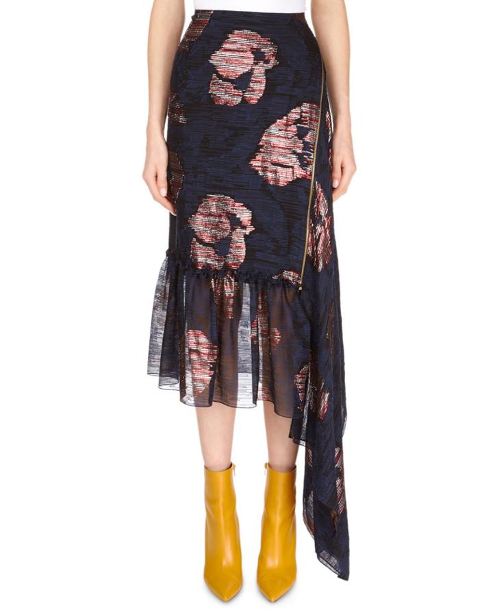 Dillon Asymmetric Side-drape Striped Metallic Fil Coupe Floral-print
