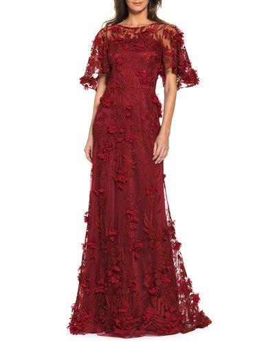 Floral-appliqu&eacute; Illusion Evening Gown