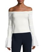 Gryffin Off-the-shoulder Bell-sleeve Knit Top, White