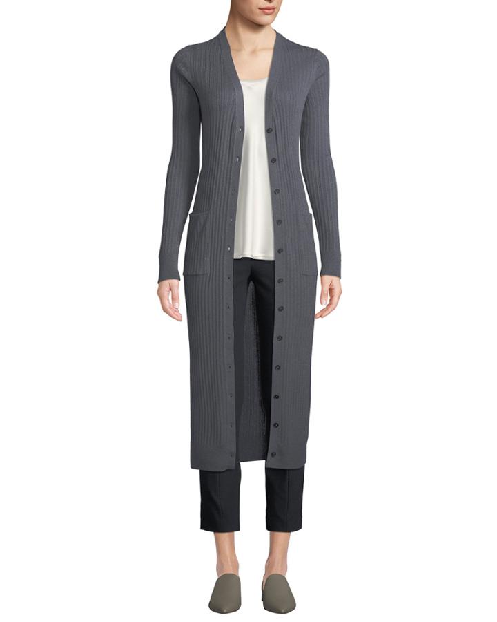 Mixed-rib Button-front Long Cashmere Cardigan