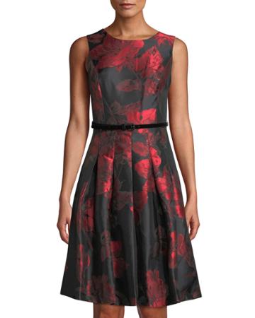 Jacquard Blossom Belted Fit-and-flare Dress
