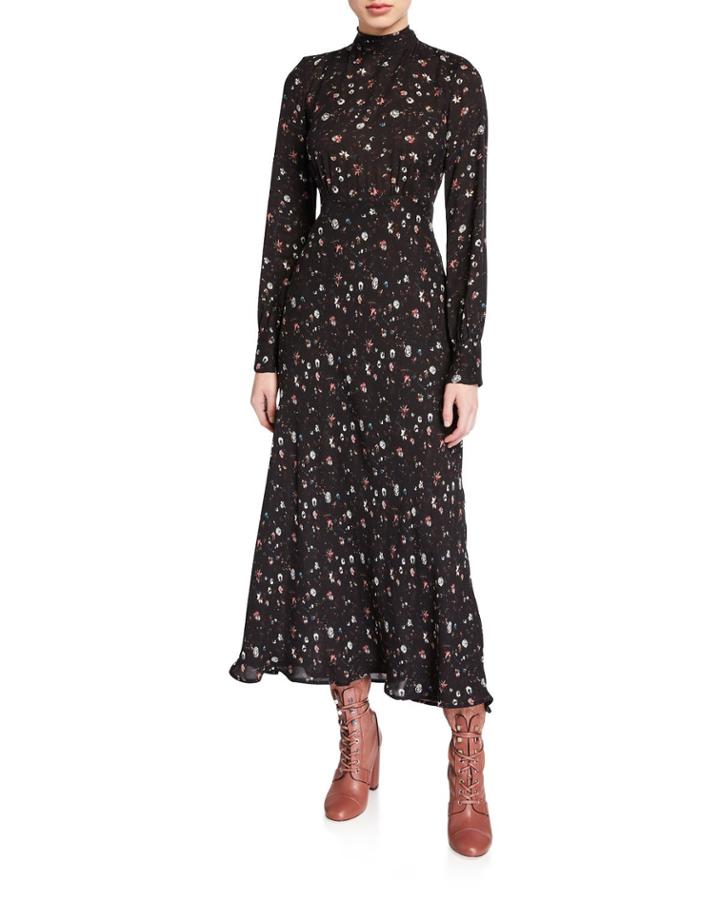 Casual High-neck Floral Long-sleeve Dress