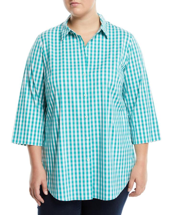 3/4-sleeve Button-front Gingham Top,