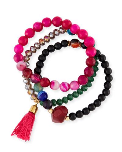Fuchsia Bead & Tassel Stretch Bracelets,