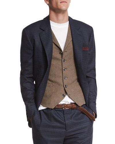 Check Two-button Wool Blazer, Blue