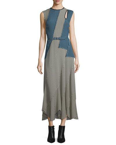 Printed Cutout Belted Maxi Dress, Chamois/black