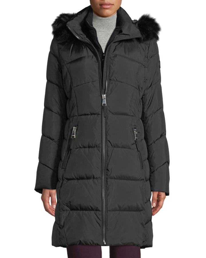 Hooded Puffer Coat With Faux-fur Trim