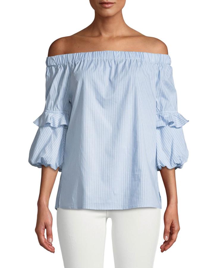 Off-the-shoulder Striped Balloon-sleeve Blouse