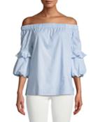 Off-the-shoulder Striped Balloon-sleeve Blouse