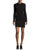 Long-sleeve Jewel-neck Sheath Dress, Black