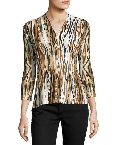 Inverted-pleat 3/4-sleeve Top, Animal Print
