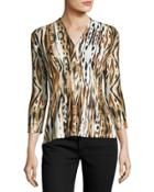 Inverted-pleat 3/4-sleeve Top, Animal Print