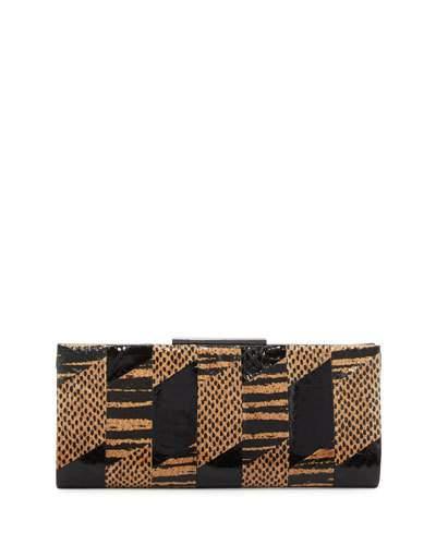 Brittany Snake-embossed Leather Evening Clutch Bag, Black/tan