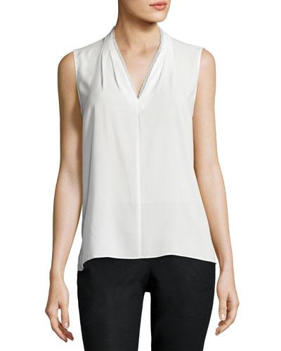 Lace-trimmed Sleeveless Blouse, White