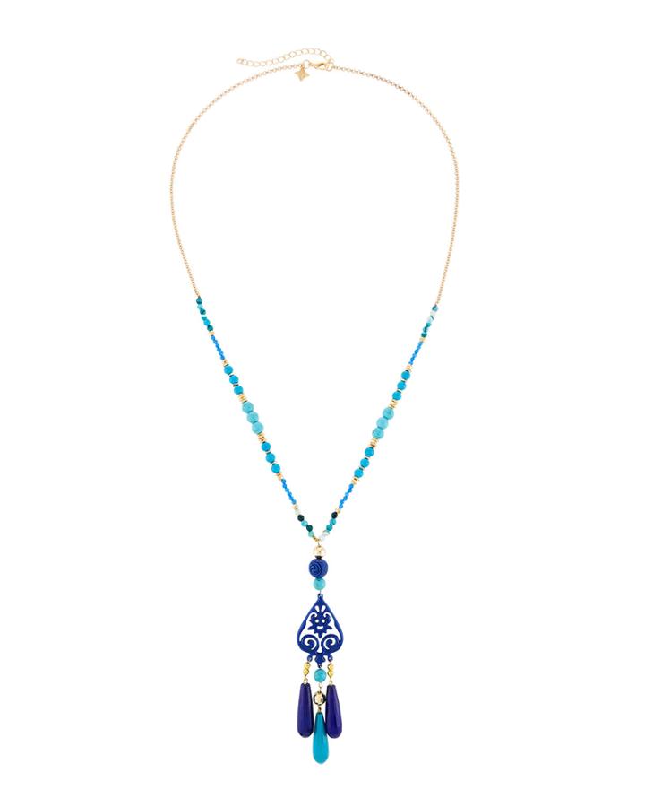 Carved Pendant Necklace W/ Dangles, Turquoise