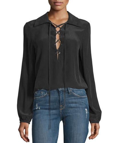 Lace-up Silk Blouse, Noir