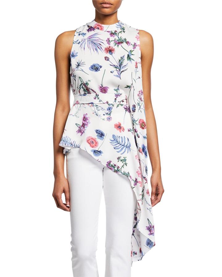 Floral-printed Sleeveless Asymmetric Flounce Top